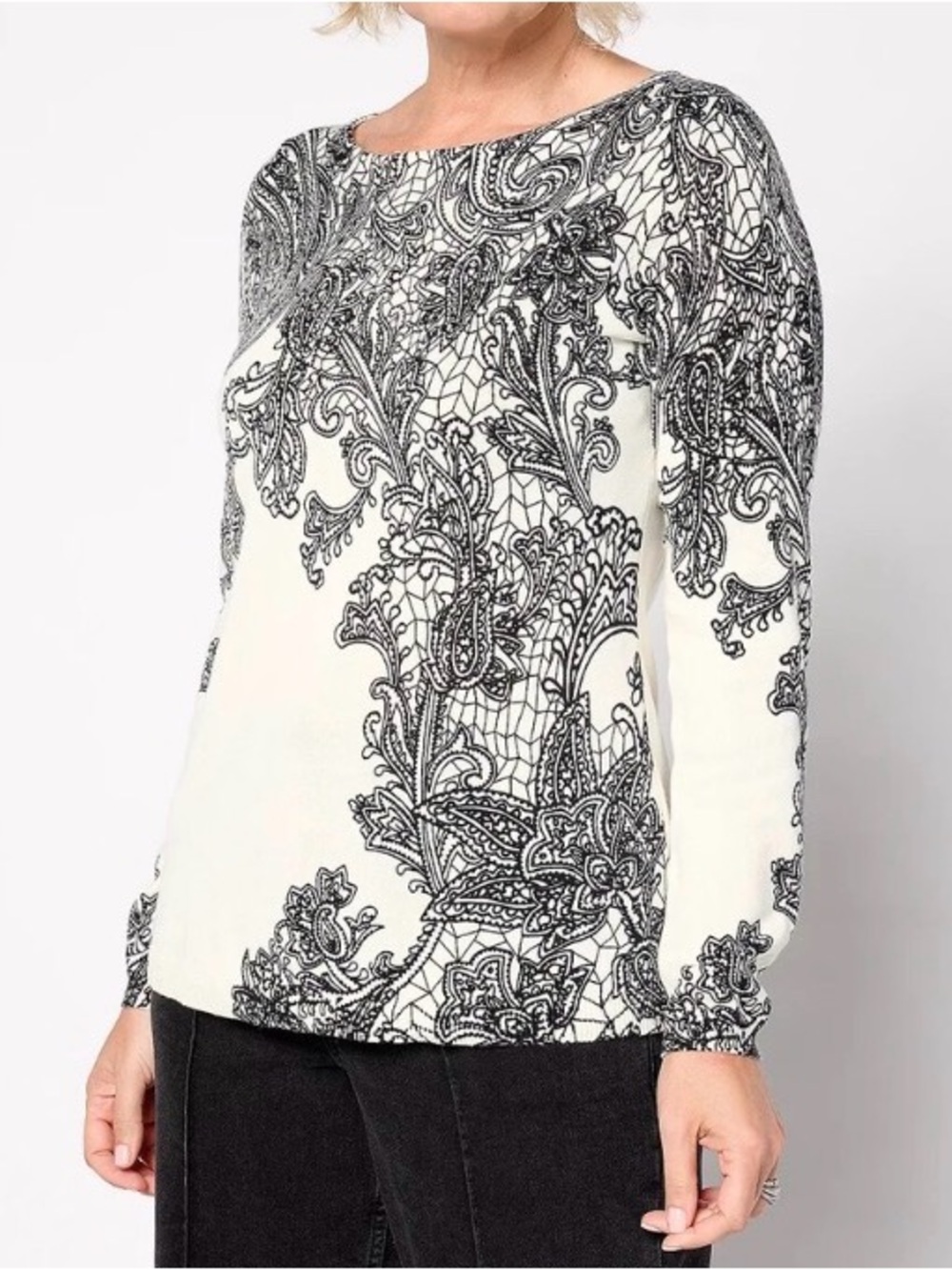New QVC Susan Graver Printed Fine Gauge Sweater with Bateau Neck Ivory / 1X